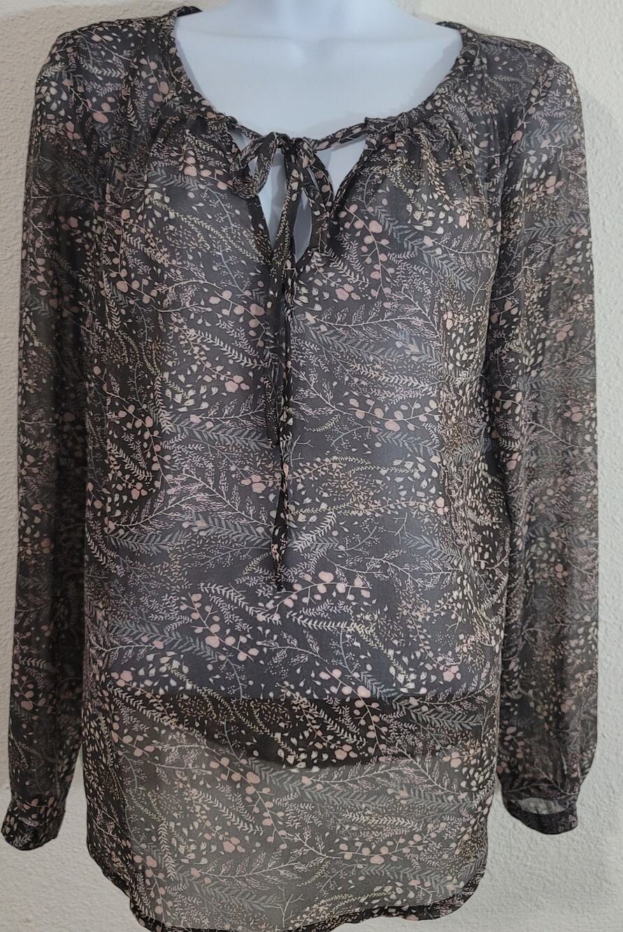 Ann Taylor Loft Brown Pink Sheer Floral Print Shirt XS Tie Front Closure Soft